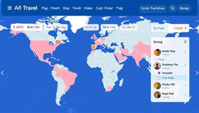 An AI-powered travel planning interface displaying a virtual globe with personalized travel recommendations, flight options, and accommodation suggestions, creating a seamless and efficient travel planning experience for subscribers.
