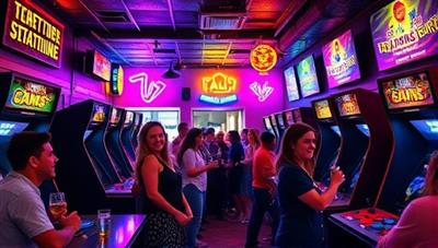 A vibrant bar setting adorned with neon lights and retro arcade machines, patrons laughing and competing in friendly gaming battles while enjoying drinks, capturing the essence of nostalgia and social camaraderie.