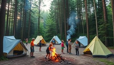 A picturesque outdoor campsite nestled in a lush forest, with children engaged in nature exploration, hiking trails, and team challenges, surrounded by tents, campfires, and outdoor learning stations, evoking a sense of adventure, discovery, and environmental immersion.