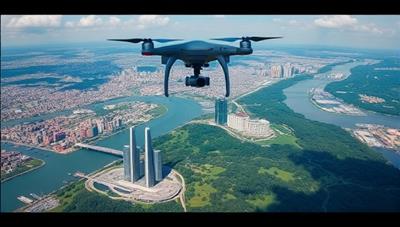 An aerial view captured by a drone showing a stunning landscape with city skyscrapers, lush greenery, and bodies of water, showcasing the breathtaking perspective and detailed imagery produced by SkyScapes Imaging's drone photography services.