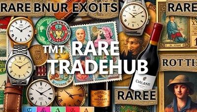 An eye-catching collage of rare and exotic assets, including vintage watches, rare stamps, fine wines, and unique artworks, symbolizing the diverse and exclusive trading opportunities available on RareTradeHub.
