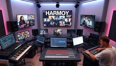 An immersive digital studio setting with virtual instruments, mixing boards, and collaborative music projects displayed on screens, featuring a diverse group of musicians working together on a creative music production session, capturing the collaborative and innovative spirit of HarmonyHub Studio's online music platform.