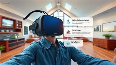 An immersive VR experience showcasing a virtual property inspection where the user wears a VR headset and navigates through different rooms of a house, highlighting key features and potential issues with interactive pop-up information, creating a futuristic and engaging home inspection experience.