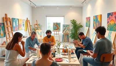 A serene virtual art studio setting with a diverse group of individuals engaging in art therapy activities, surrounded by colorful artworks and expressive creations, evoking a sense of healing, relaxation, and emotional release through art therapy.