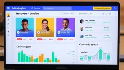 An online platform interface displaying colorful profiles of borrowers and lenders, with financial charts and progress bars indicating successful loan transactions and community impact, fostering a sense of financial empowerment and connectivity.