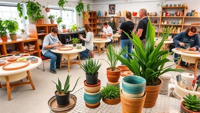 A pottery studio filled with clay, pottery wheels, colorful glazes, and lush green plants, with customers crafting and painting their personalized planters, conveying a harmonious blend of creativity and nature-inspired design.