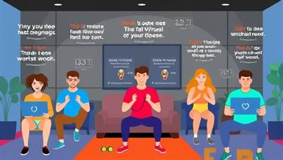 An illustration of a diverse group of individuals engaging in virtual fitness challenges from their homes, with digital avatars representing them in a virtual gym environment, surrounded by motivational quotes and workout statistics, showcasing the inclusive and engaging nature of FitQuest 360.