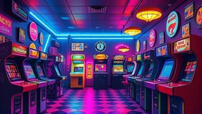 An artistic digital illustration depicting a vibrant retro arcade lounge filled with classic arcade machines, neon lights, and retro gaming memorabilia, evoking a nostalgic and immersive atmosphere of the ArcadeJackpot RetroLounge as a retro gaming paradise for online gambling enthusiasts.