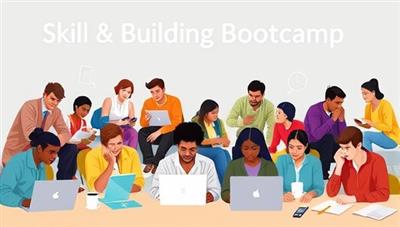 A dynamic visual representation of diverse individuals participating in an online skill-building bootcamp, working on laptops, attending virtual workshops, and collaborating on projects, showcasing the interactive and hands-on nature of the training program.