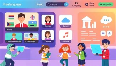 A vibrant and colorful digital interface displaying virtual language exchange sessions, interactive lessons, and cheerful avatars engaging in language learning activities, creating a dynamic and fun learning environment.