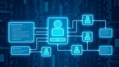 An illustration of a digital identity verification process using blockchain technology, with data blocks linking together securely to authenticate user information, ensuring transparency, security, and trust in online transactions.