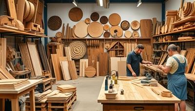 A workshop studio filled with wooden crafting tools, various wood samples, and artisans working on custom wooden decor pieces, exuding craftsmanship and creativity in bespoke home decor design.