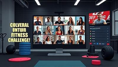 A dynamic visual representation of a virtual fitness challenge featuring participants engaging in a high-energy workout session via video call, surrounded by fitness equipment, motivational quotes, and progress trackers, inspiring teamwork, determination, and fitness achievement.