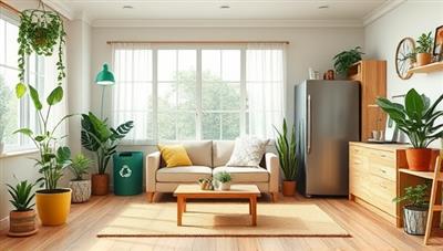 A virtual sustainable living room setup with eco-friendly decor, recycling bins, houseplants, and energy-efficient appliances, showcasing a green lifestyle and environmental consciousness in a visually appealing home environment.