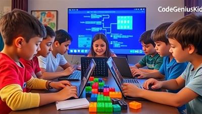A group of enthusiastic kids engaged in a virtual coding session, collaborating on a coding project and exploring programming concepts using laptops and colorful coding blocks, capturing the interactive and educational environment of CodeGeniusKids.