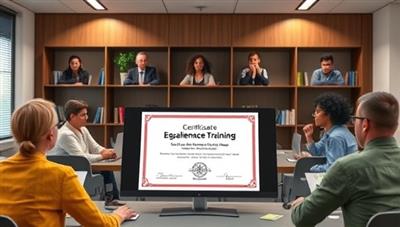 An engaging visual of a virtual classroom environment with diverse learners participating in a legal compliance training session, with a digital certificate displayed on the screen upon course completion, emphasizing the educational and certification aspect of the platform.