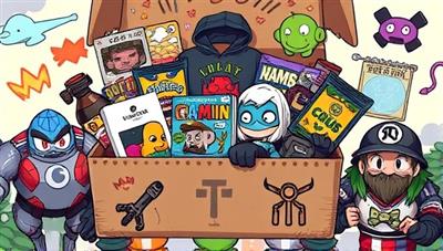 An artistically designed subscription box overflowing with gaming-related goodies, including merchandise, collectibles, snacks, and exclusive items, adorned with vibrant gaming-themed illustrations and graphics, creating a sense of excitement and anticipation for subscribers.