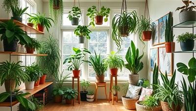 An enchanting plant-filled room with a variety of lush houseplants displayed on shelves, hanging planters, and a cozy reading nook, bathed in natural light and surrounded by botanical prints and plant care books, inviting viewers to embrace the green lifestyle.