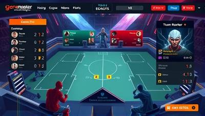 An illustration of a dynamic fantasy esports league interface on the GameMaster Fantasy platform, featuring customizable team rosters, real-time player statistics, and interactive gameplay elements, showcasing the immersive and competitive nature of the gaming experience.