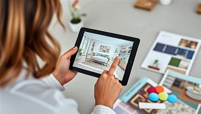 An interior designer using the ARchitect Interiors app on a tablet, superimposing virtual furniture and decor elements onto a room, surrounded by design magazines and color swatches, showcasing the versatility and convenience of the AR design tool.
