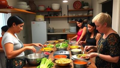 An inviting kitchen setting with a local host teaching a group of travelers how to prepare a traditional dish, surrounded by colorful ingredients and cooking utensils, fostering a warm and interactive culinary exchange experience.