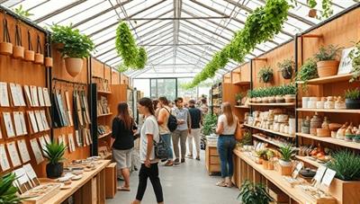 A vibrant marketplace scene showcasing a variety of eco-friendly products, sustainable fashion items, zero-waste essentials, and organic goods displayed in an earthy and inviting setting, with customers exploring the marketplace, engaging in eco-conscious shopping, and supporting sustainable brands, creating a harmonious and green atmosphere.
