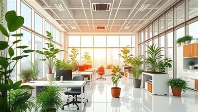 An artistic depiction of a modern office space with eco-friendly design elements, such as plants, solar panels, and recyclable materials, conveying a harmonious blend of sustainability and business professionalism.