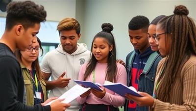 A diverse group of students engaging in career exploration activities such as job shadowing, skills assessments, and industry tours, guided by mentors and professionals, creating an immersive and enlightening experience for young individuals to shape their future paths.