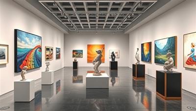A virtual art gallery with digital art installations, sculptures, and paintings showcased in a contemporary gallery space, surrounded by interactive touchpoints for exploring artworks and purchasing pieces, creating a sophisticated and immersive art exhibition experience in a digital format.