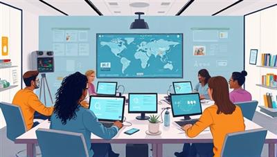 An illustration of a virtual classroom environment with diverse students attending an online telecommunications course, interacting with digital interfaces and engaging in discussions, reflecting a dynamic and interactive learning experience.