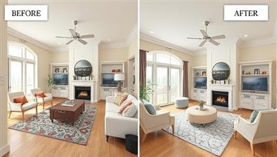 A digitally rendered home interior showcasing a seamless transition from the 'before' to the 'after' renovation visuals, with virtual furniture placements, color schemes, and design elements, creating a realistic and immersive renovation experience synonymous with Renovate360.