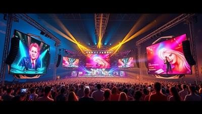 A virtual music festival environment showcasing multiple stages with different genres of music, colorful visuals, interactive elements, and animated avatars enjoying the festival atmosphere, creating a vibrant and dynamic online music experience.