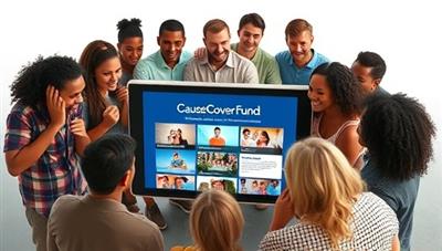 A diverse group of people of different ages and backgrounds gathered around a digital screen displaying the CauseCover Fund platform, with images of various social causes and community projects, symbolizing collective support and impact through insurance crowdfunding.