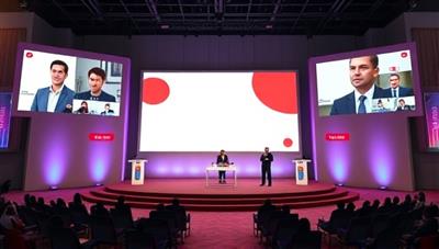 A virtual event setup with a stage, screens displaying live feeds of participants, and interactive elements like polls and Q&A sessions, illustrating the seamless and engaging experience of virtual event planning through EventSphere Virtual.