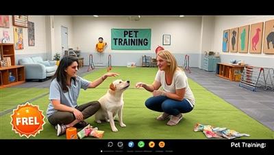 An online pet training session with a certified animal behaviorist demonstrating training techniques and commands to a pet owner, surrounded by pet training props, treats, and toys. The background showcases a virtual pet training area with agility equipment, training mats, and interactive pet training games, creating a fun and educational pet training environment.