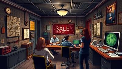 An artistic rendering of a virtual escape room setting with intricate puzzles, hidden clues, and a diverse group of players working together to solve challenges, illustrating the teamwork and excitement of the online escape room experience.