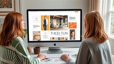 An artistic representation of a virtual interior design consultation session, with a designer presenting a digital mood board on a computer screen to a client, surrounded by samples of fabrics and color swatches, capturing the essence of remote design services and creative collaboration.