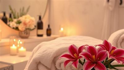 A serene and luxurious beauty wellness retreat setting, featuring a tranquil spa environment with soft lighting, plush robes, aromatic candles, and exotic flowers, creating a peaceful and indulgent atmosphere for beauty and relaxation experiences, capturing the essence of ZenGlow Beauty Haven.