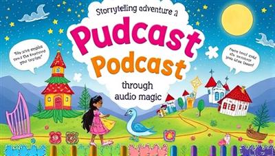 A whimsical podcast cover art featuring colorful characters, magical landscapes, and interactive elements like speech bubbles, puzzles, and drawing prompts, inviting children to embark on a storytelling adventure through audio magic.