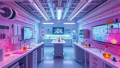 An immersive VR simulation of a futuristic science lab filled with interactive experiments, virtual tools, and engaging challenges, illustrating the captivating and educational nature of the STEMVR Lab experience.