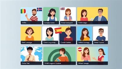 An online platform interface showcasing virtual language courses in multiple languages, with avatars of users engaging in language exchange sessions and cultural activities, depicting a vibrant and inclusive learning community.