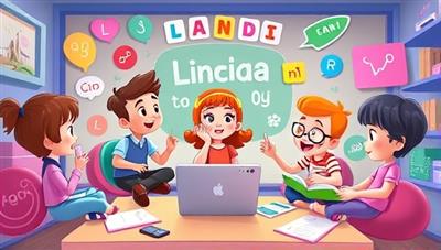 An imaginative scene of cartoon characters engaging in a virtual language lesson on LingoKids Virtual, surrounded by vibrant language symbols and playful learning elements, capturing the essence of interactive and joyful language education for kids in a digital setting.