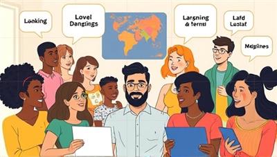 An engaging digital illustration of diverse individuals engaging in a virtual language lesson, with speech bubbles showcasing different languages being learned, conveying inclusivity and dynamic learning experiences.