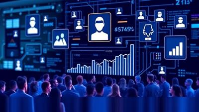 An AI algorithm analyzing social media profiles and engagement metrics, with a visual representation of influencers connecting with diverse audiences, symbolizing the platform's cutting-edge technology and market relevance.
