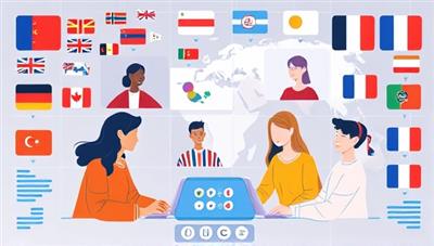 A dynamic digital illustration of users engaging in a virtual language exchange session, with language flags, cultural symbols, and interactive language tools integrated into the digital environment, creating a vibrant and inclusive space for global language learning and cross-cultural connections.