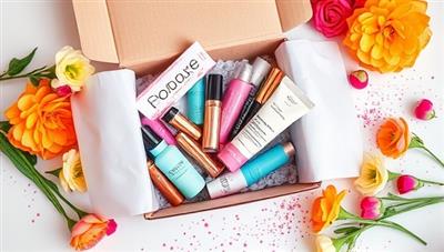 An aesthetically pleasing flat lay of a beauty subscription box with colorful and luxurious beauty products spilling out, surrounded by fresh flowers and glitter, evoking a sense of excitement and luxury.