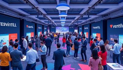 An immersive digital illustration depicting a virtual event space with diverse avatars networking and attending interactive sessions, showcasing the versatility and engagement possibilities of EventVirtuoso.
