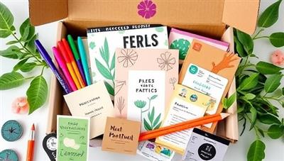 A colorful and nature-inspired subscription box filled with biodegradable pens, recycled paper notebooks, plantable pencils, and eco-conscious stickers, showcasing a commitment to sustainability and creativity in school supplies.