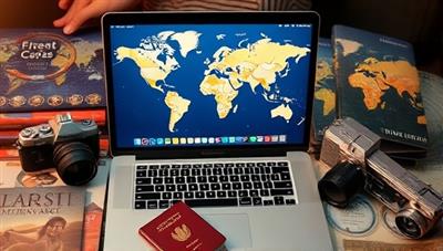 A laptop with a world map screensaver, surrounded by travel guides, a passport, and a camera, evoking the spirit of adventure and wanderlust.