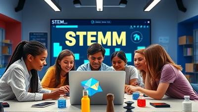 An exciting visual of a group of diverse students collaborating on a virtual STEM project within the STEMQuest platform, showcasing teamwork, creativity, and technology integration in STEM education.